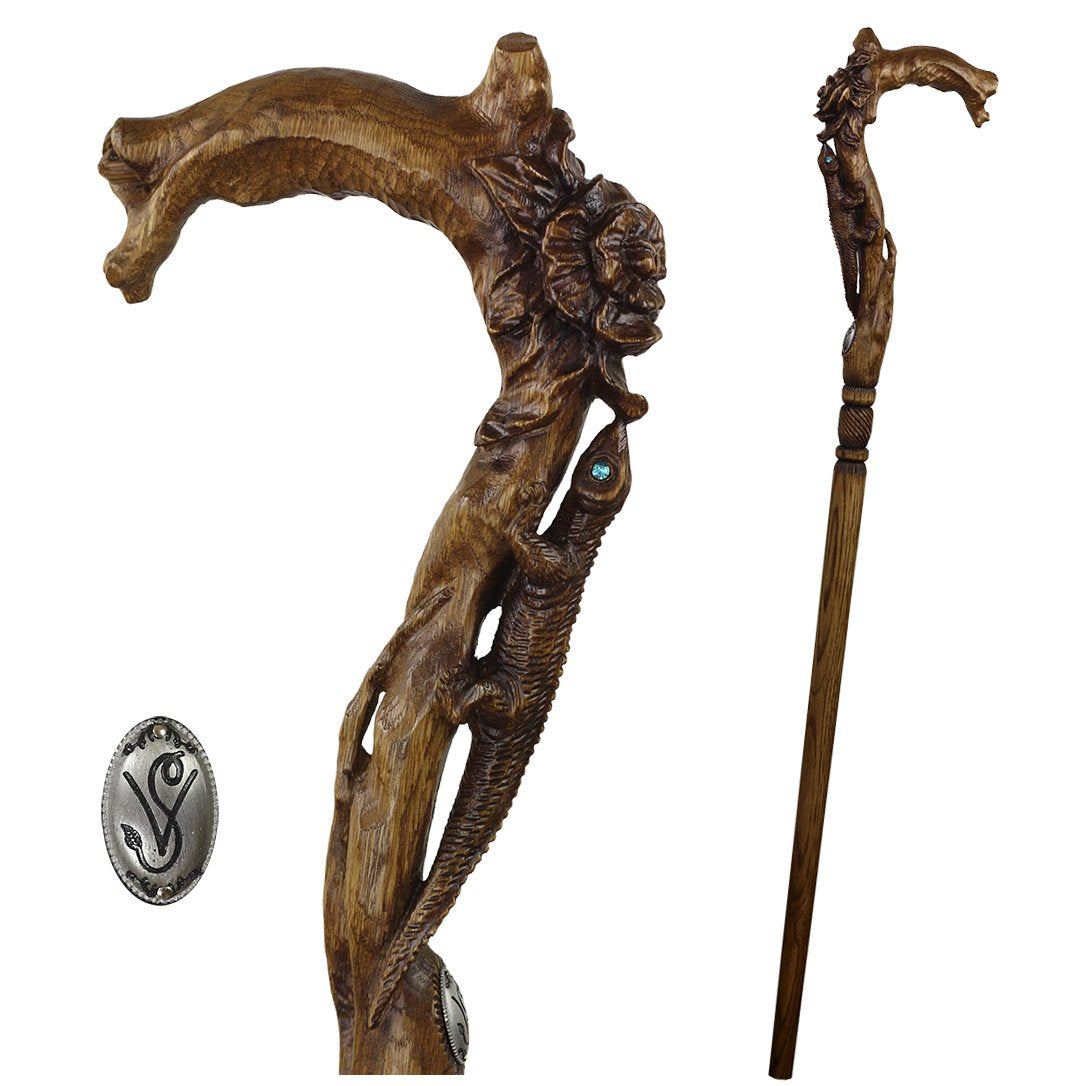 Lizard and Flower: Artisan Intricate Detail Handcarved Cane Dark Wood Animal Handled Canes - Tophatter Daily Deals