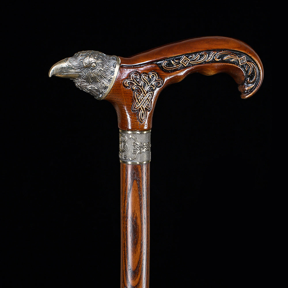 Raven Head Bronze & Wood Artisan Intricate Detail Design Cane Hand Carved Artisan - Tophatter Daily Deals