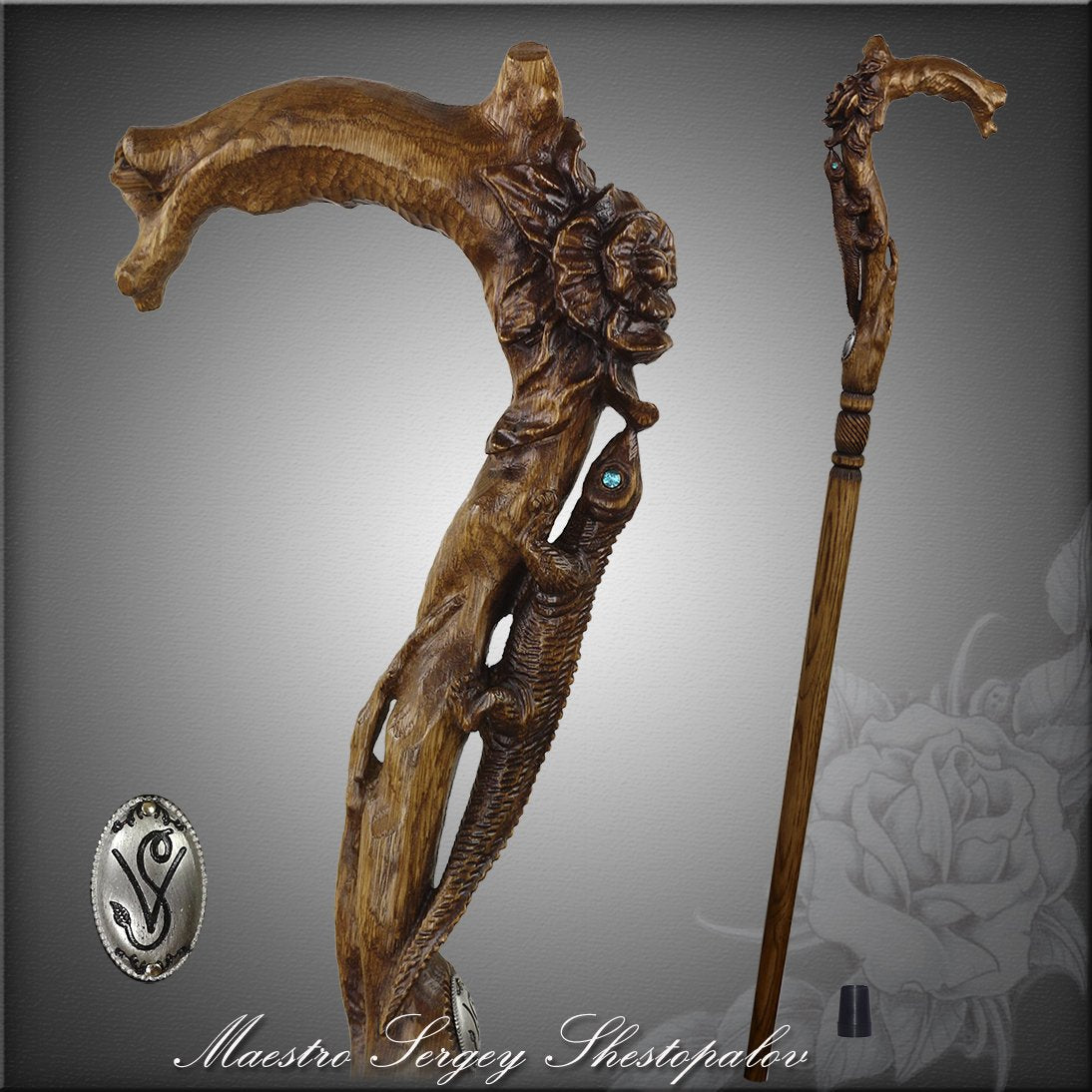 Lizard and Flower: Artisan Intricate Detail Handcarved Cane Animal Handled Canes - Tophatter Daily Deals