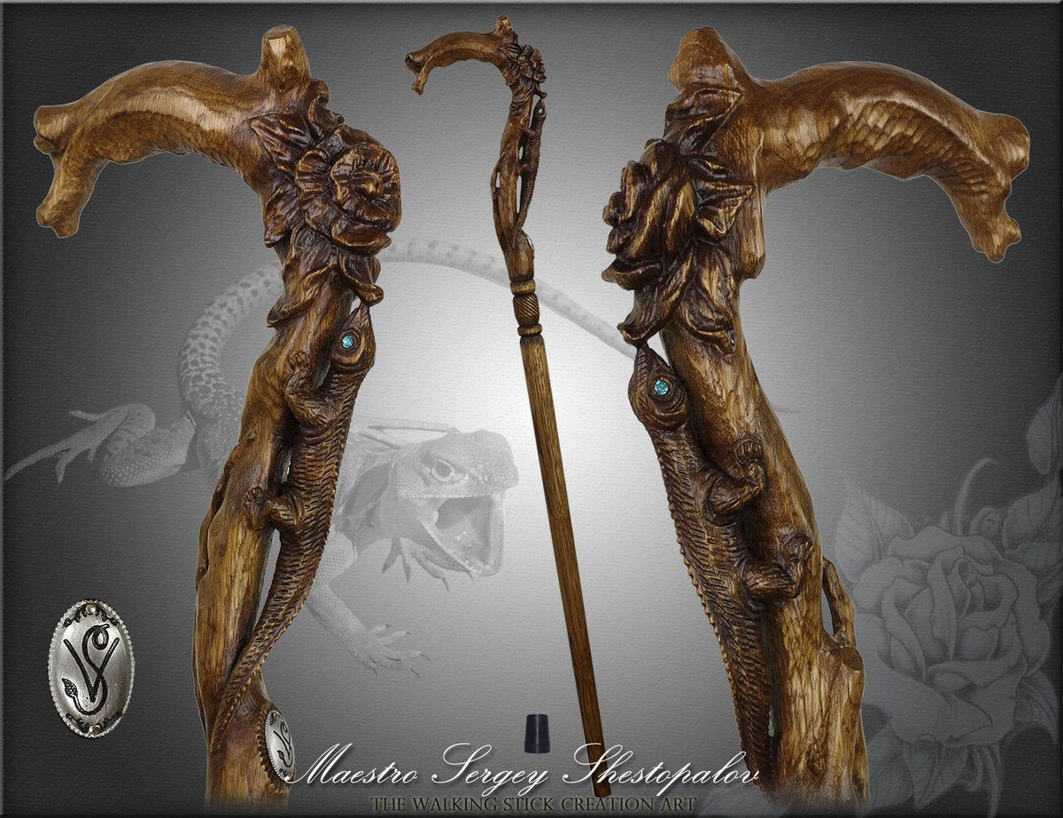 Lizard and Flower: Artisan Intricate Detail Handcarved Cane Animal Handled Canes - Tophatter Daily Deals