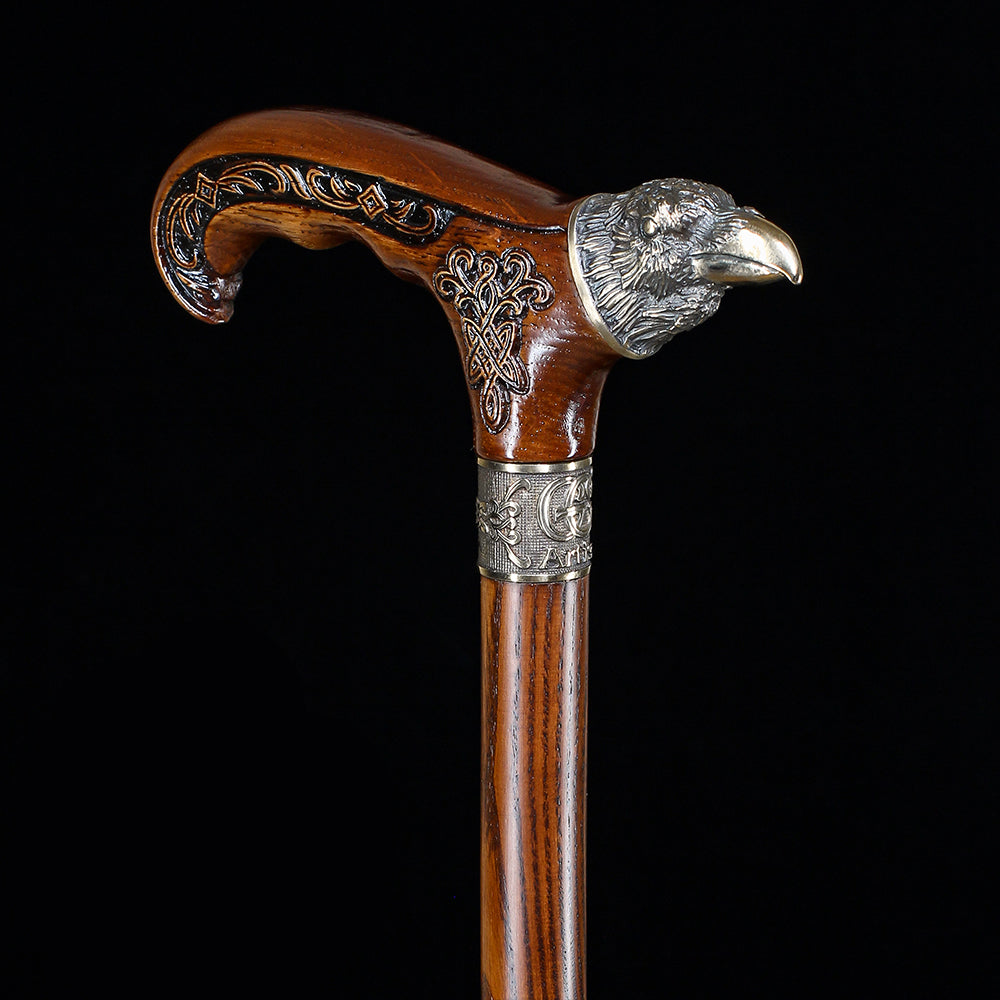 Raven Head Bronze & Wood Artisan Intricate Detail Design Cane Hand Carved Artisan - Tophatter Daily Deals