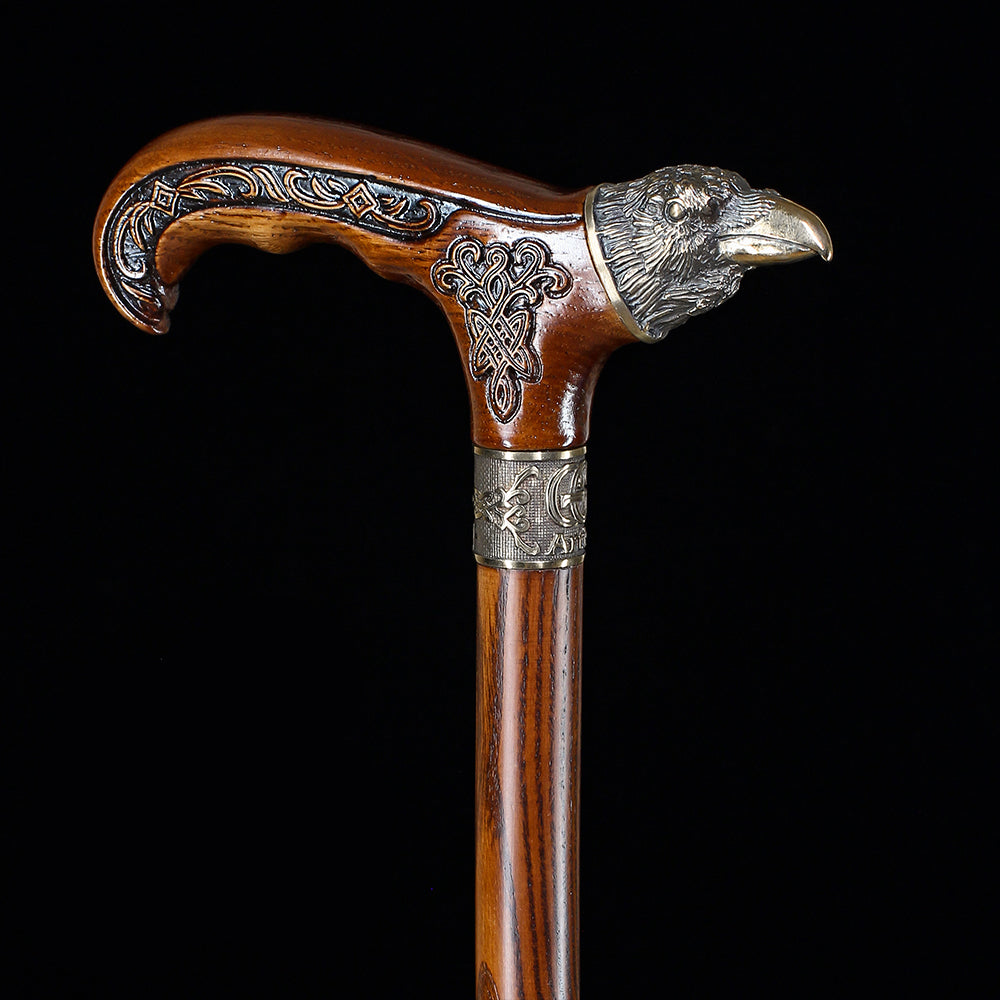 Raven Head Bronze & Wood Artisan Intricate Detail Design Cane Hand Carved Artisan - Tophatter Daily Deals