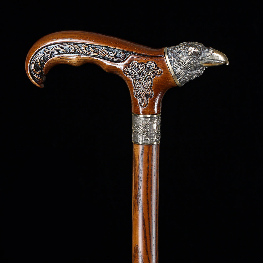 Raven Head Bronze & Wood Artisan Intricate Detail Design Cane Hand Carved Artisan - Tophatter Daily Deals
