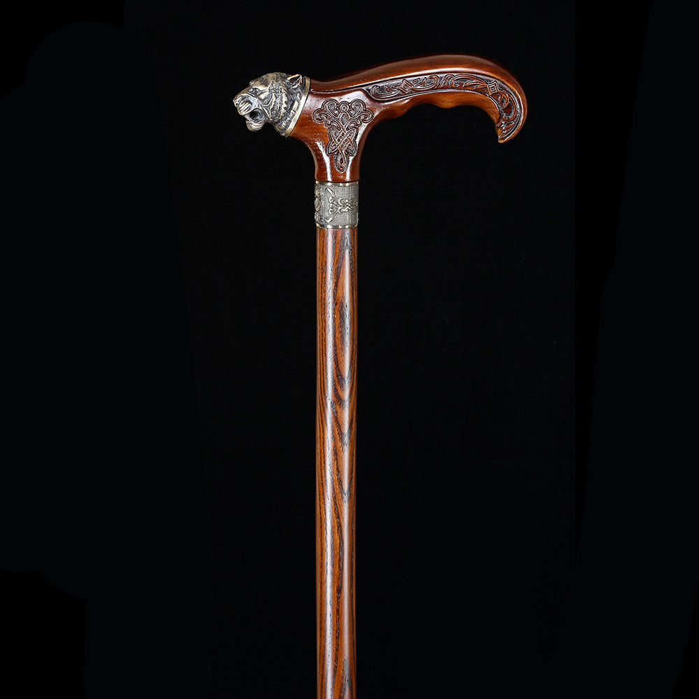 Tiger Head Bronze & Wood Artisan Intricate Detail Design Cane Hand Carved Artisan - Tophatter Daily Deals