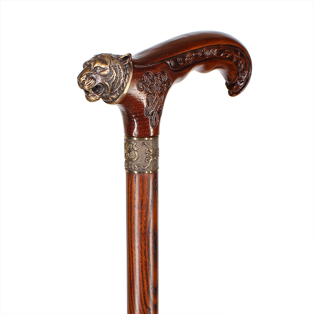 Tiger Head Bronze & Wood Artisan Intricate Detail Design Cane Hand Carved Artisan - Tophatter Daily Deals