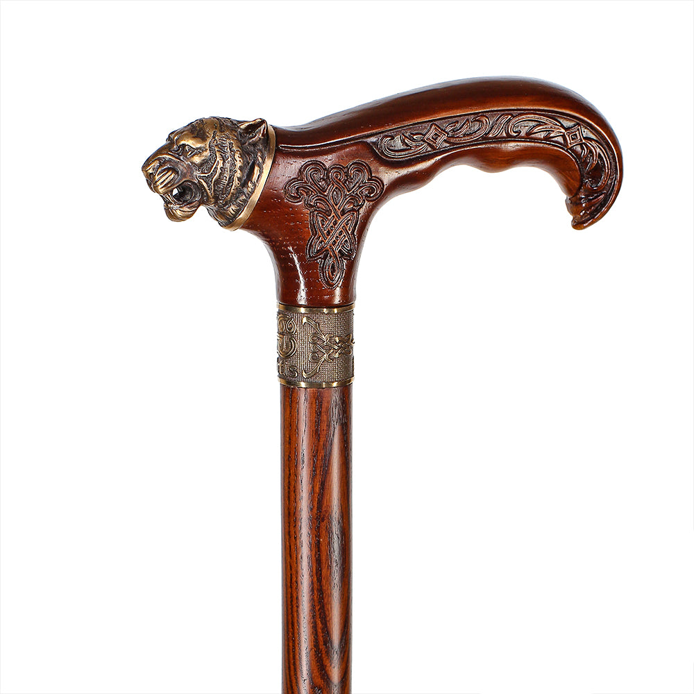 Tiger Head Bronze & Wood Artisan Intricate Detail Design Cane Hand Carved Artisan - Tophatter Daily Deals