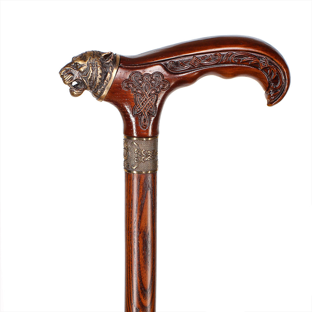 Tiger Head Bronze & Wood Artisan Intricate Detail Design Cane Hand Carved Artisan - Tophatter Daily Deals