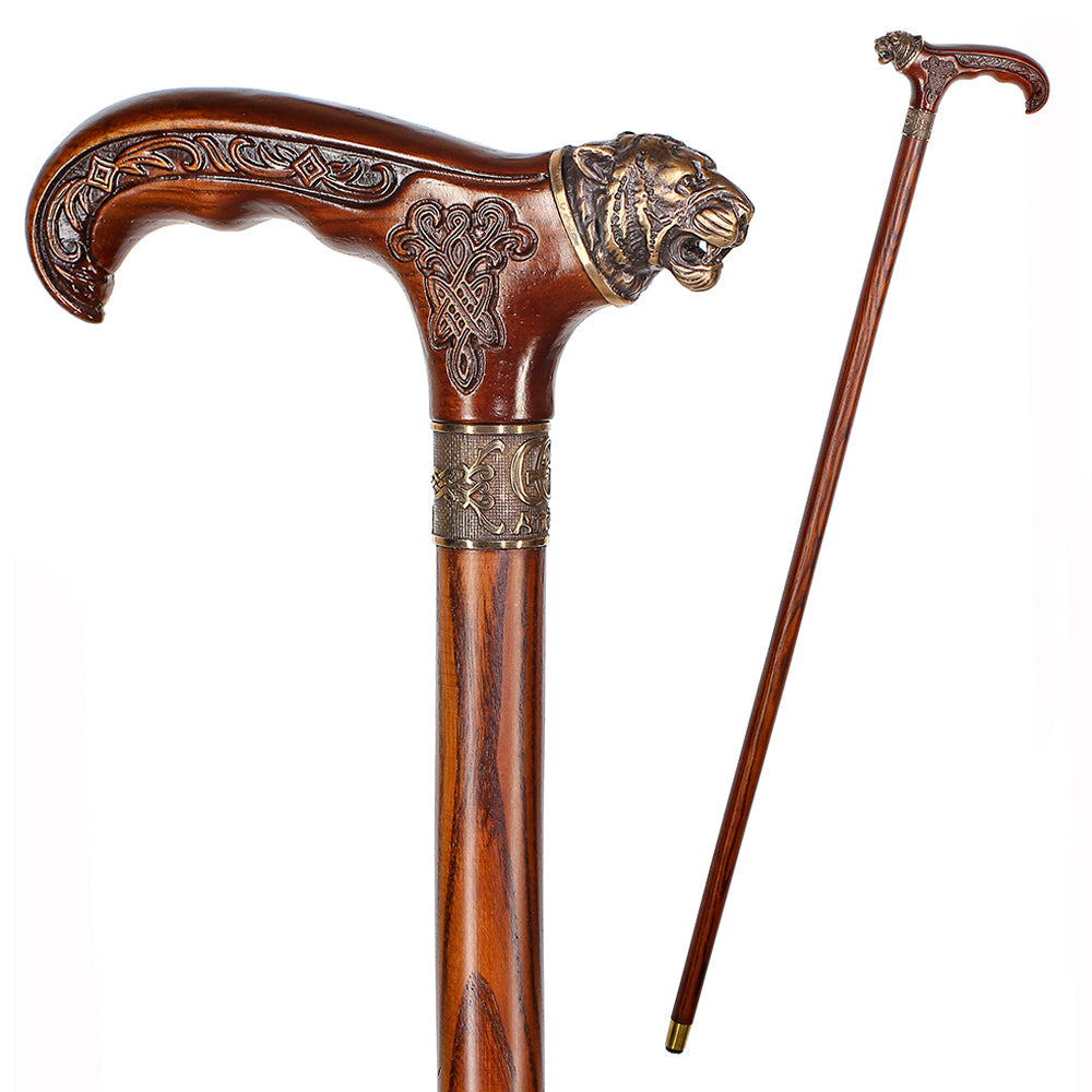 Tiger Head Bronze & Wood Artisan Intricate Detail Design Cane Hand Carved Artisan - Tophatter Daily Deals