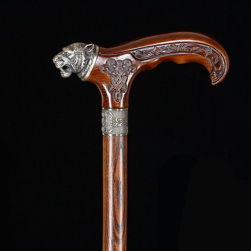 Tiger Head Bronze & Wood Artisan Intricate Detail Design Cane Hand Carved Artisan - Tophatter Daily Deals