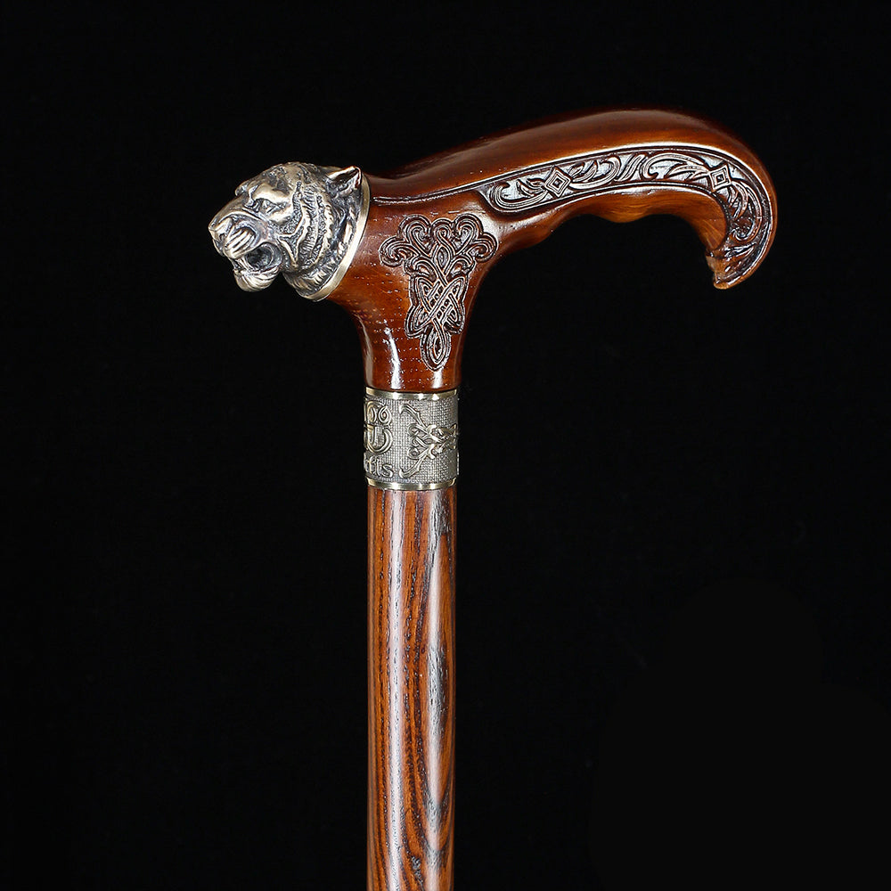 Tiger Head Bronze & Wood Artisan Intricate Detail Design Cane Hand Carved Artisan - Tophatter Daily Deals