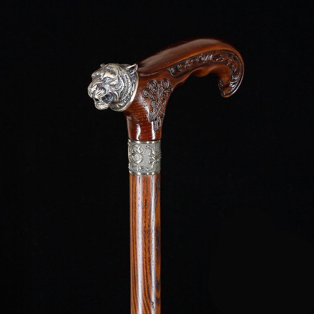 Tiger Head Bronze & Wood Artisan Intricate Detail Design Cane Hand Carved Artisan - Tophatter Daily Deals