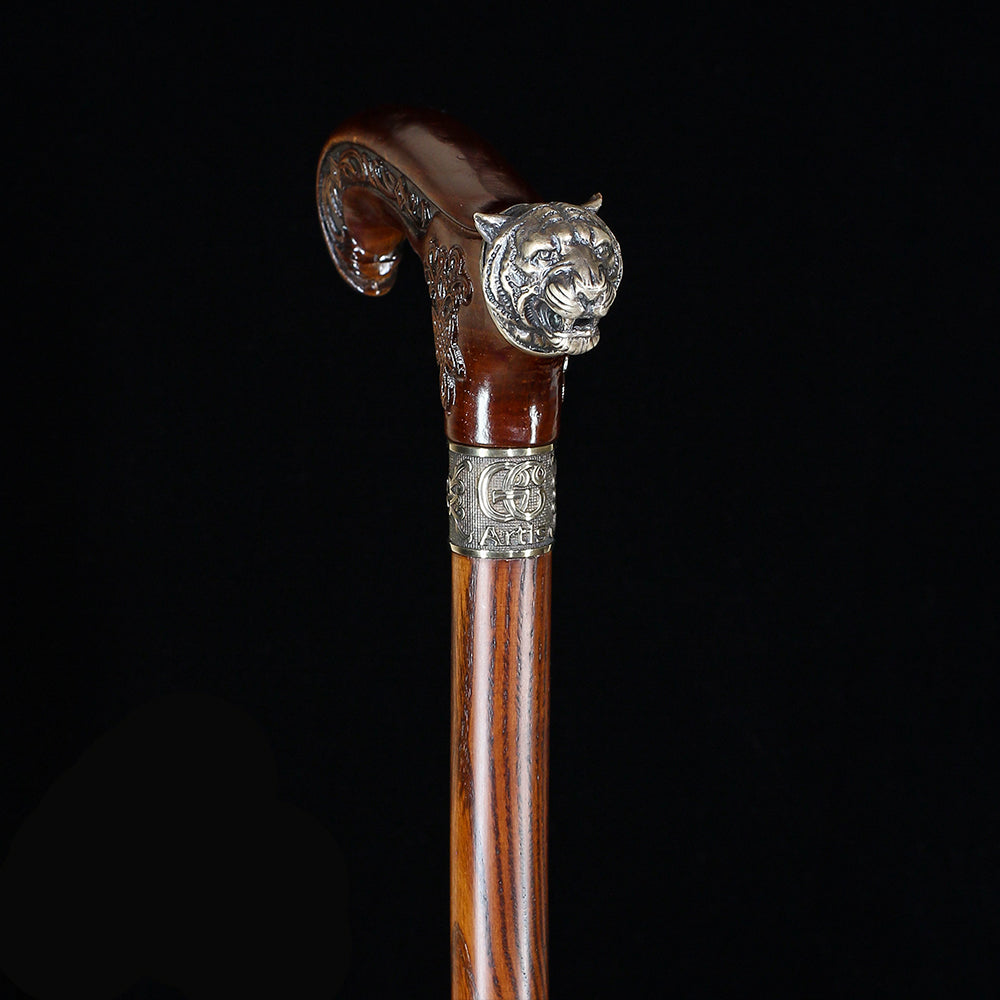 Tiger Head Bronze & Wood Artisan Intricate Detail Design Cane Hand Carved Artisan - Tophatter Daily Deals