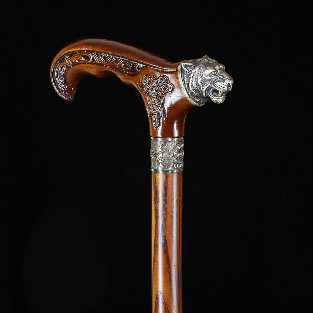 Tiger Head Bronze & Wood Artisan Intricate Detail Design Cane Hand Carved Artisan - Tophatter Daily Deals