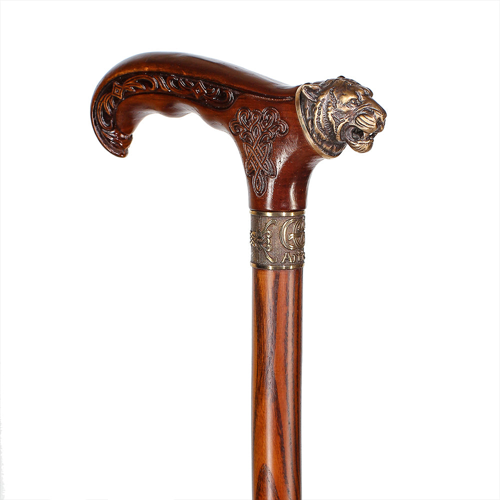Tiger Head Bronze & Wood Artisan Intricate Detail Design Cane Hand Carved Artisan - Tophatter Daily Deals