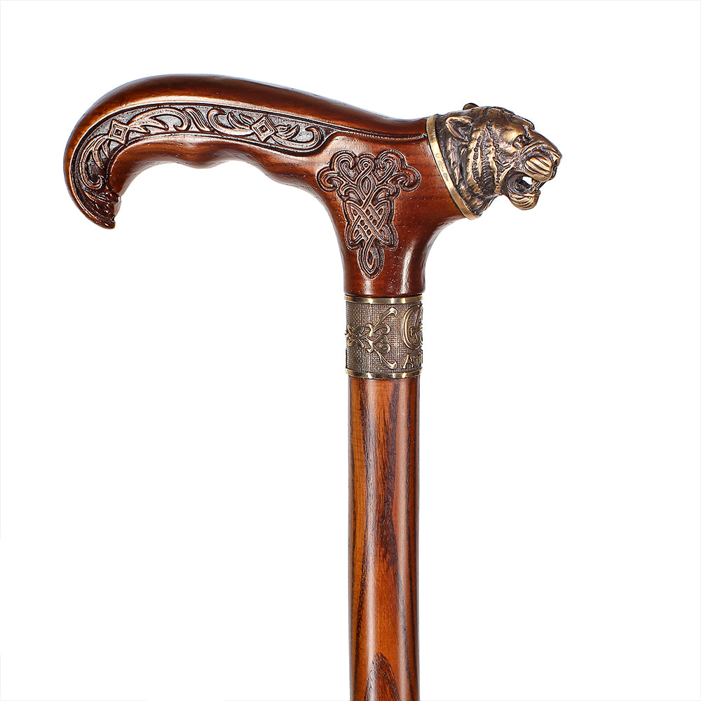 Tiger Head Bronze & Wood Artisan Intricate Detail Design Cane Hand Carved Artisan - Tophatter Daily Deals