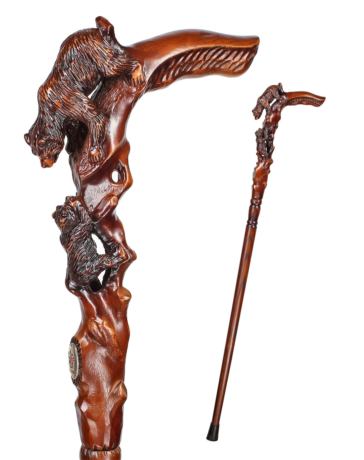 Mama Bear with Baby Bear: Artisan Intricate Hand-Carved Cane Dark Wood Hand Carved Artisan - Tophatter Daily Deals