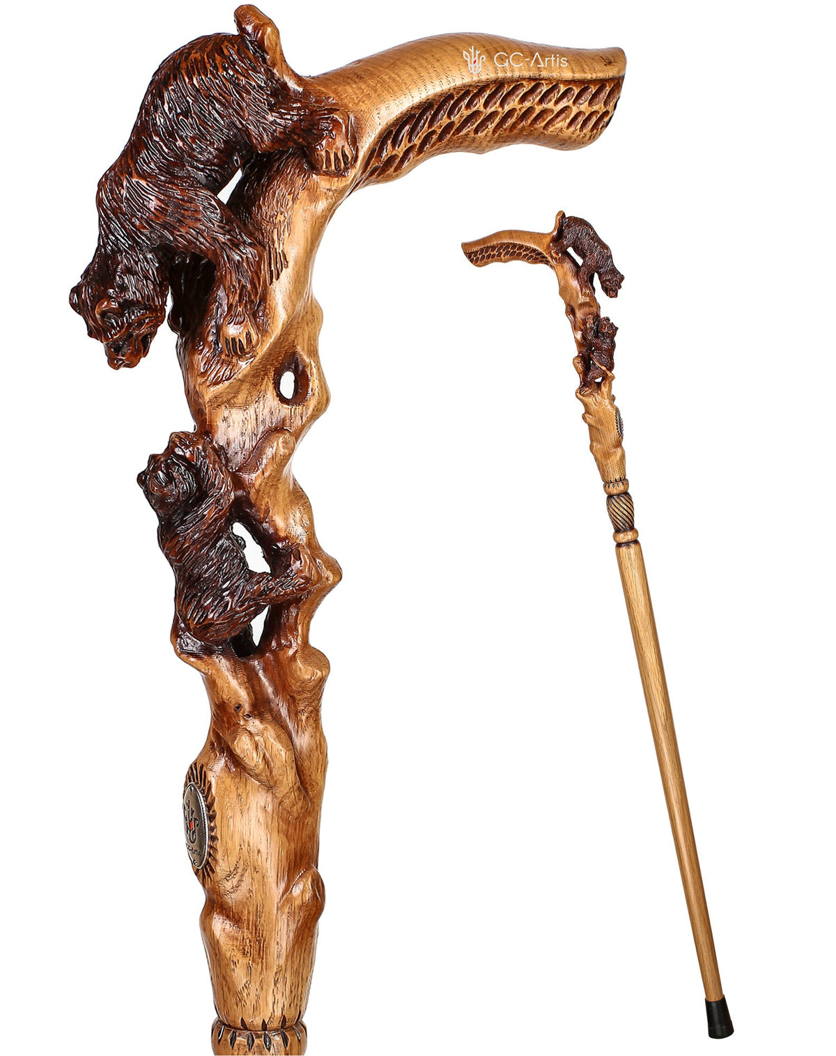 Mama Bear with Baby Bear: Artisan Intricate Hand-Carved Cane Light Wood Hand Carved Artisan - Tophatter Daily Deals
