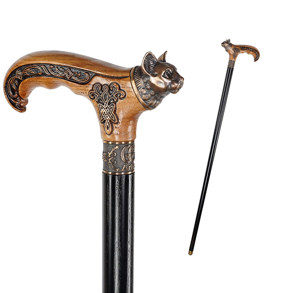 Kitty Head: Bronze & Wood Artisan Intricate Design Cane Hand Carved Artisan - Tophatter Daily Deals