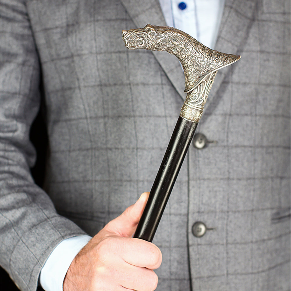 Wolf Victorian Style Silver Plated Artisan Intricate Handcarved Cane Hand Carved Artisan - Tophatter Daily Deals