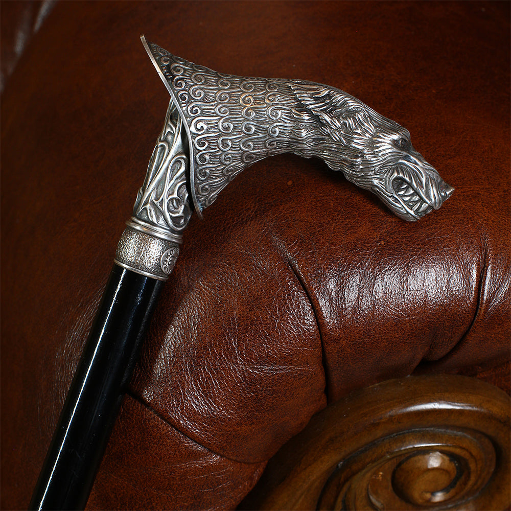 Wolf Victorian Style Silver Plated Artisan Intricate Handcarved Cane Hand Carved Artisan - Tophatter Daily Deals