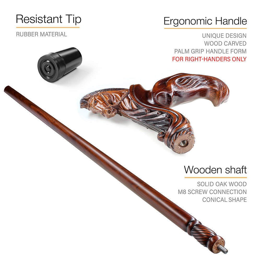 Horse Ergonomic: Intricate Handcarved Cane (Right Hand) Hand Carved Artisan - Tophatter Daily Deals