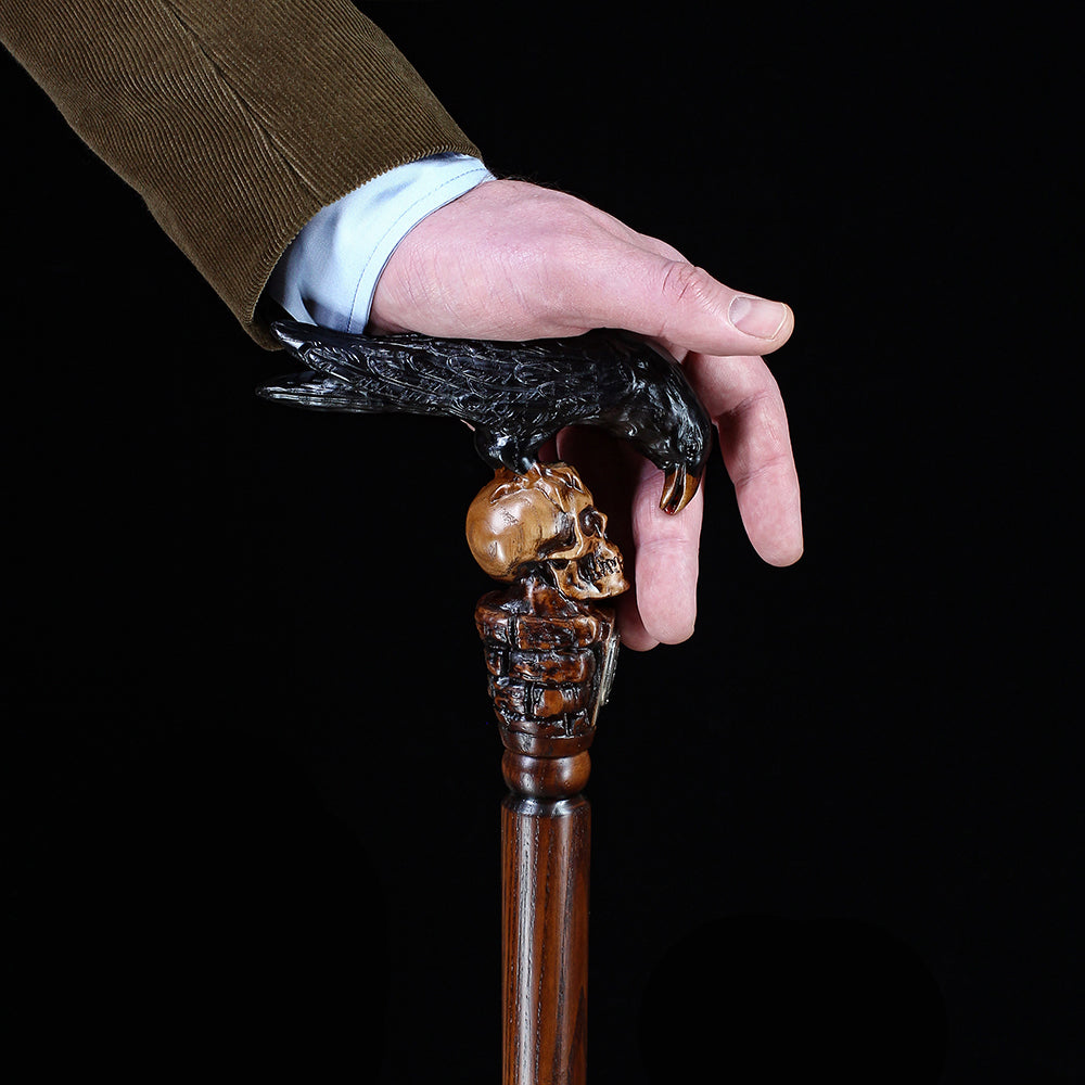 Intricate Handcarved Black Crow & Skull Artisan Cane - Unique Hand Carved Artisan - Tophatter Daily Deals