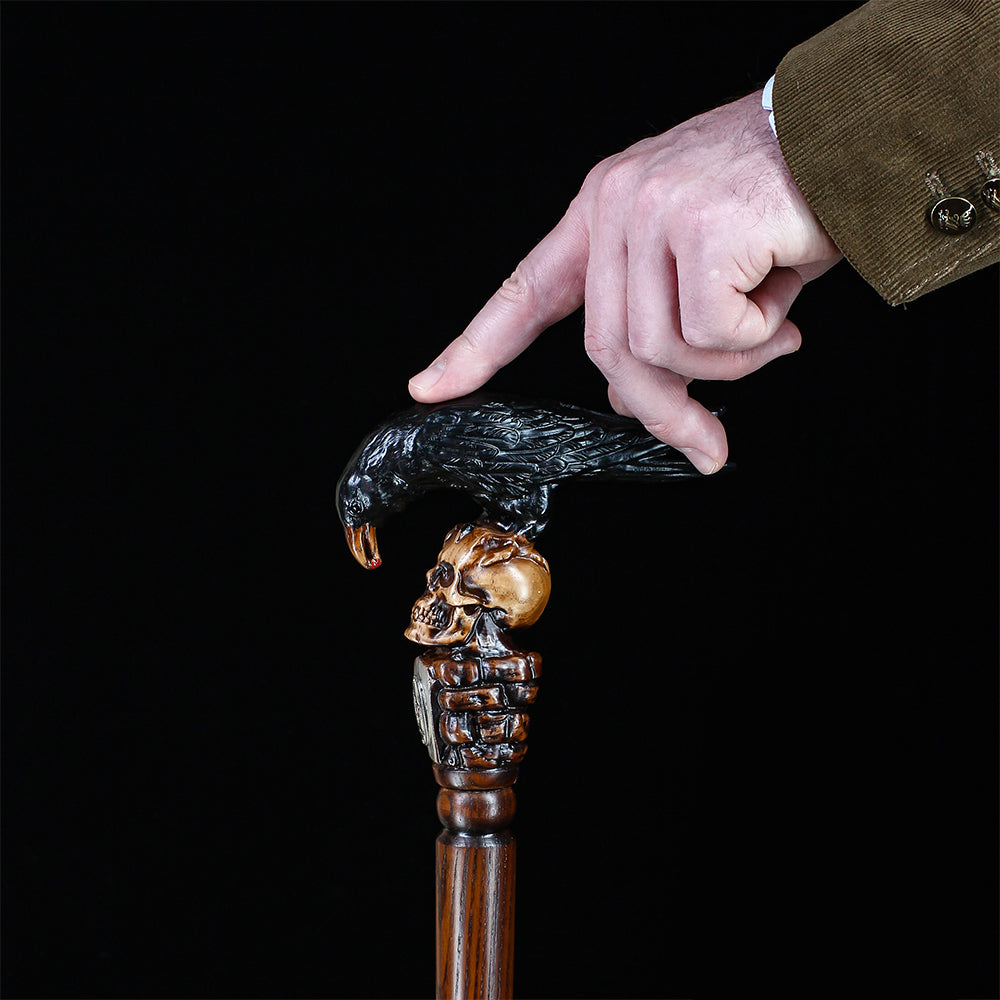 Intricate Handcarved Black Crow & Skull Artisan Cane - Unique Hand Carved Artisan - Tophatter Daily Deals