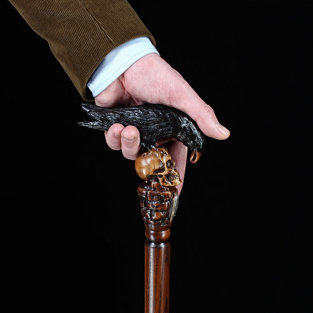 Intricate Handcarved Black Crow & Skull Artisan Cane - Unique Hand Carved Artisan - Tophatter Daily Deals