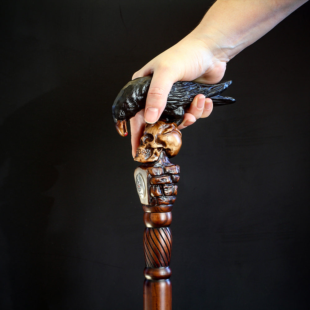 Intricate Handcarved Black Crow & Skull Artisan Cane - Unique Hand Carved Artisan - Tophatter Daily Deals