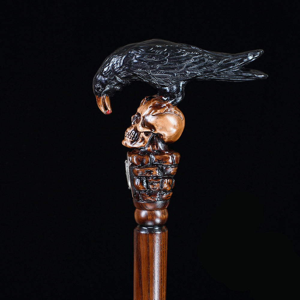 Intricate Handcarved Black Crow & Skull Artisan Cane - Unique Hand Carved Artisan - Tophatter Daily Deals