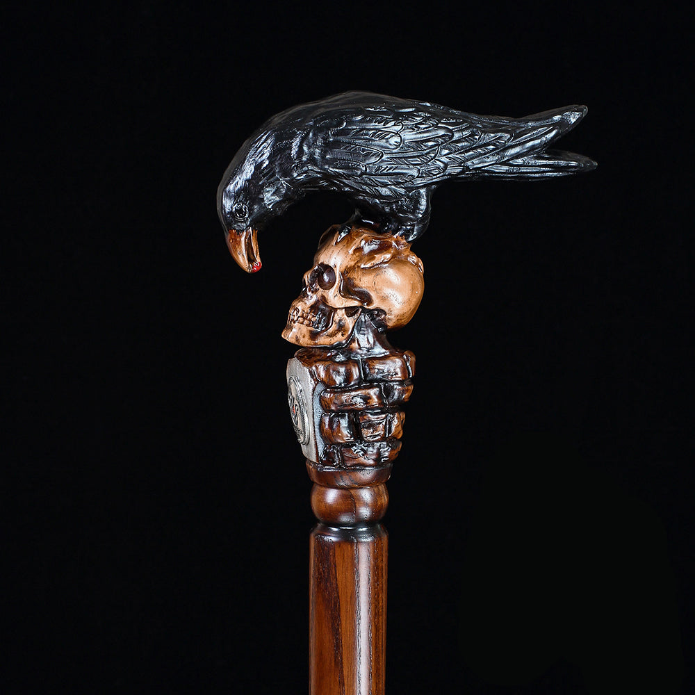 Intricate Handcarved Black Crow & Skull Artisan Cane - Unique Hand Carved Artisan - Tophatter Daily Deals