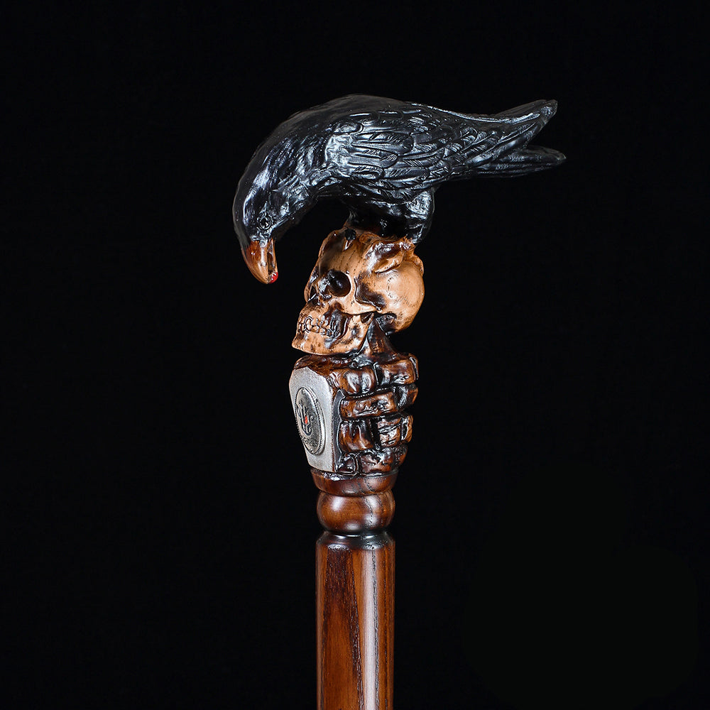Intricate Handcarved Black Crow & Skull Artisan Cane - Unique Hand Carved Artisan - Tophatter Daily Deals