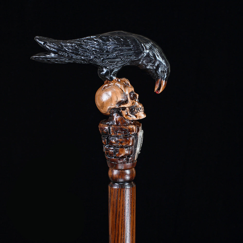 Intricate Handcarved Black Crow & Skull Artisan Cane - Unique Hand Carved Artisan - Tophatter Daily Deals