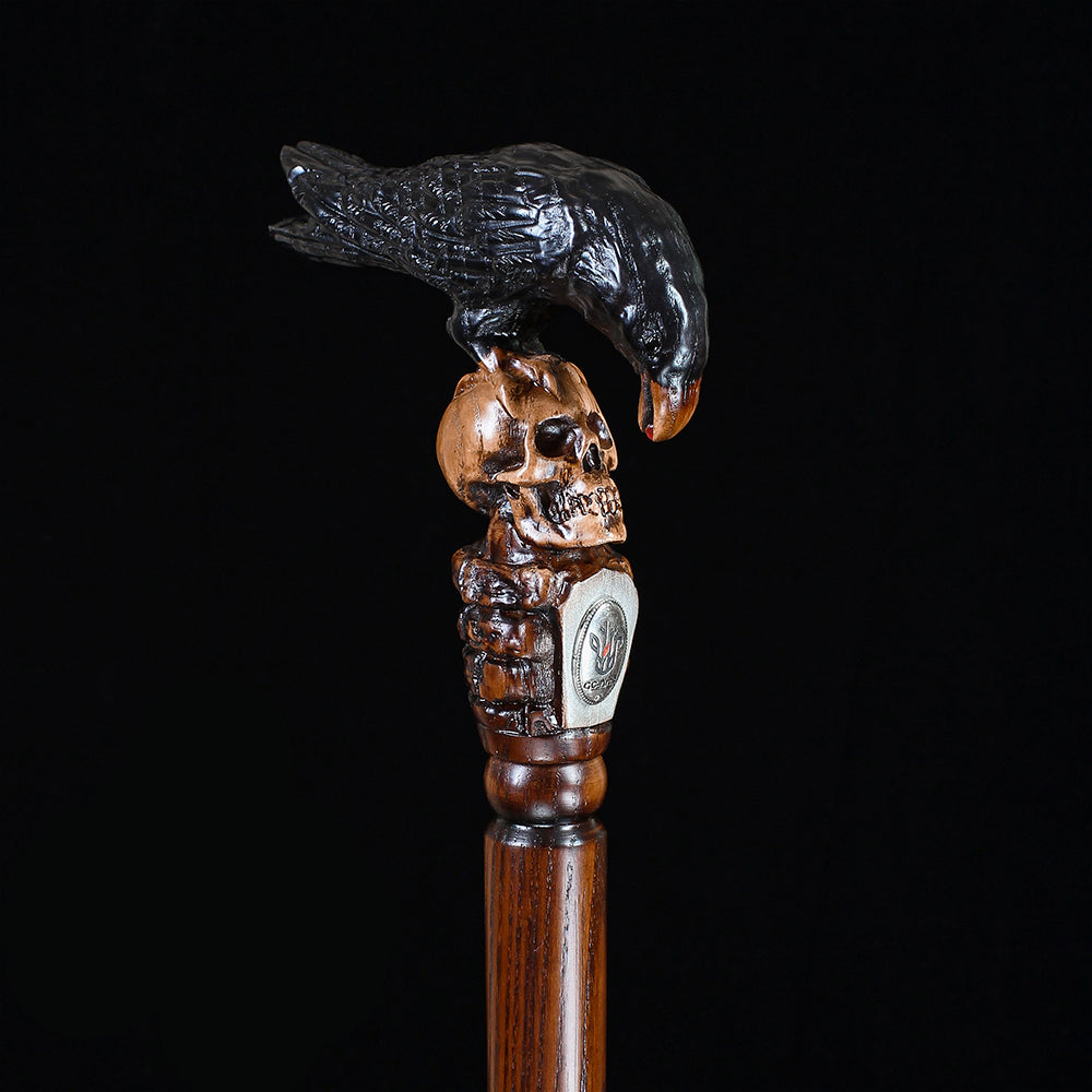 Intricate Handcarved Black Crow & Skull Artisan Cane - Unique Hand Carved Artisan - Tophatter Daily Deals