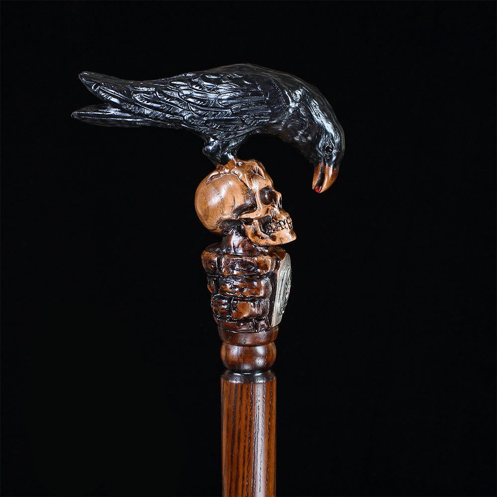 Intricate Handcarved Black Crow & Skull Artisan Cane - Unique Hand Carved Artisan - Tophatter Daily Deals