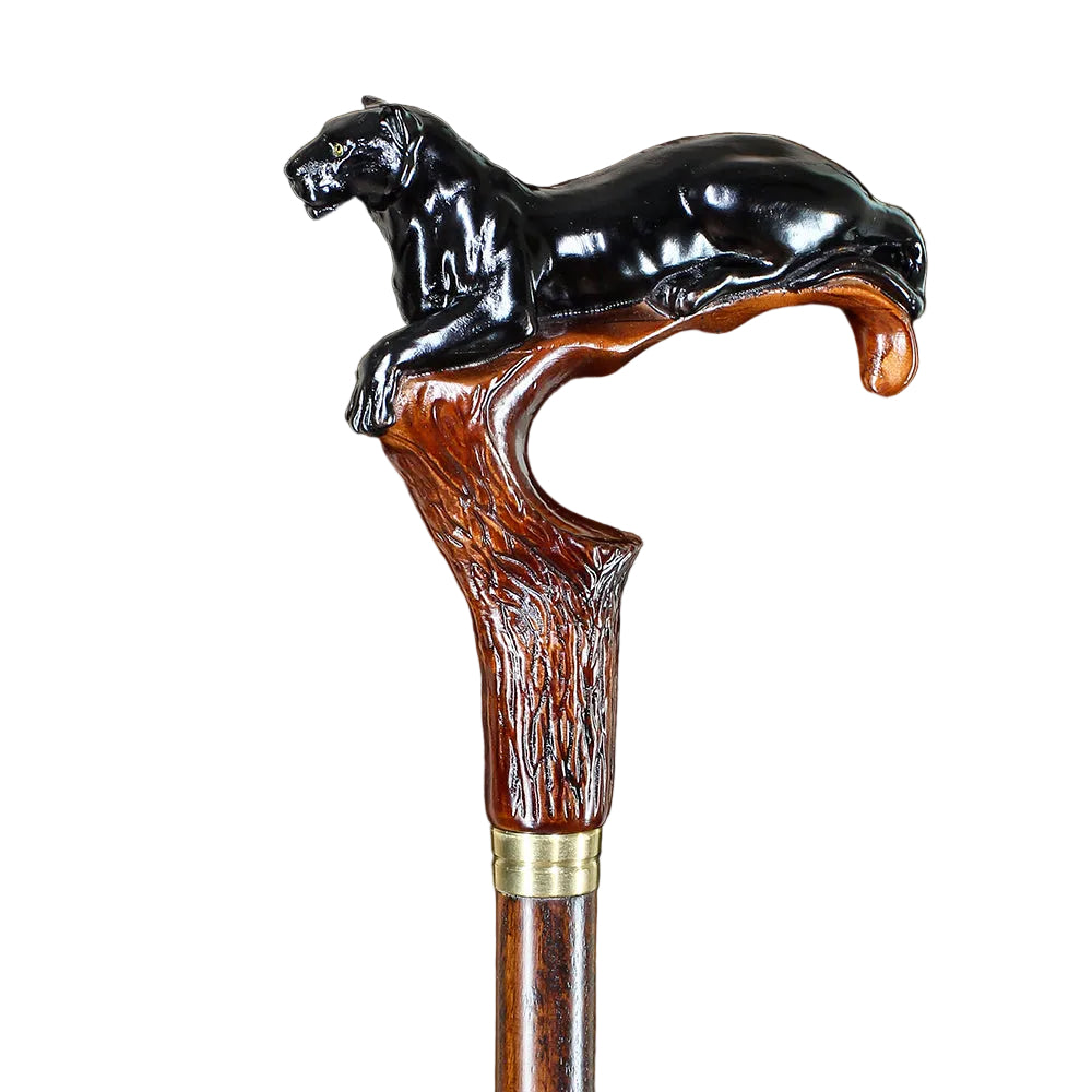 Black Panther Cougar Cat Dark Wood Artisan Intricate Handcarved Cane Hand Carved Artisan - Tophatter Daily Deals