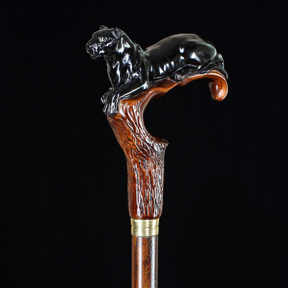 Black Panther Cougar Cat Dark Wood Artisan Intricate Handcarved Cane Hand Carved Artisan - Tophatter Daily Deals