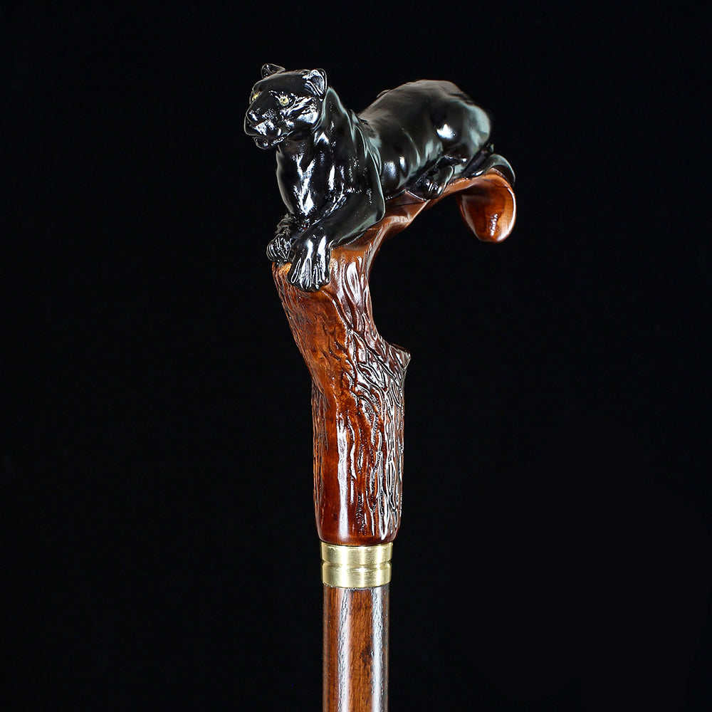 Black Panther Cougar Cat Dark Wood Artisan Intricate Handcarved Cane Hand Carved Artisan - Tophatter Daily Deals