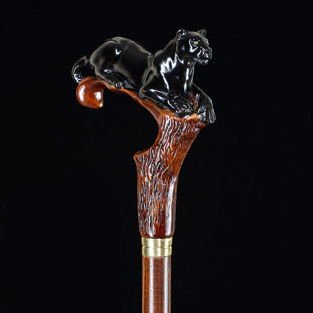 Black Panther Cougar Cat Dark Wood Artisan Intricate Handcarved Cane Hand Carved Artisan - Tophatter Daily Deals