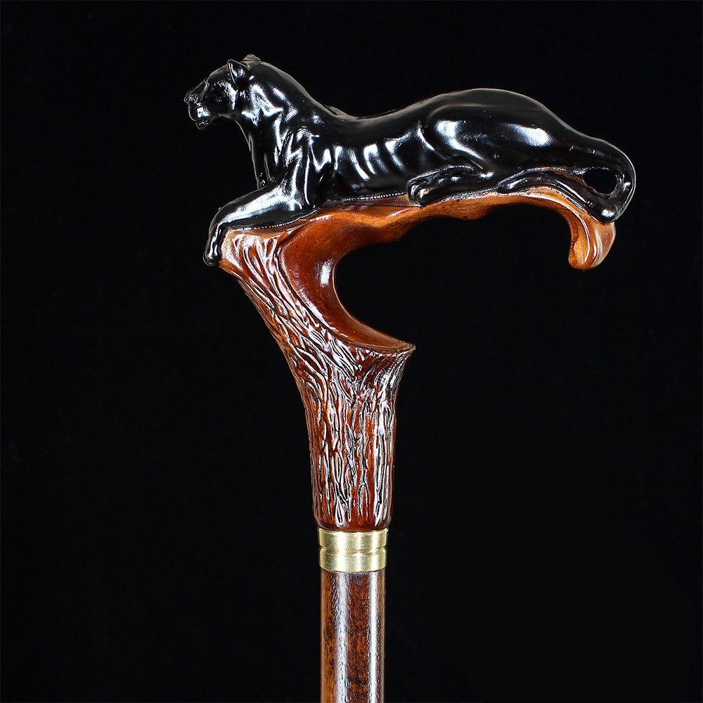 Black Panther Cougar Cat Dark Wood Artisan Intricate Handcarved Cane Hand Carved Artisan - Tophatter Daily Deals
