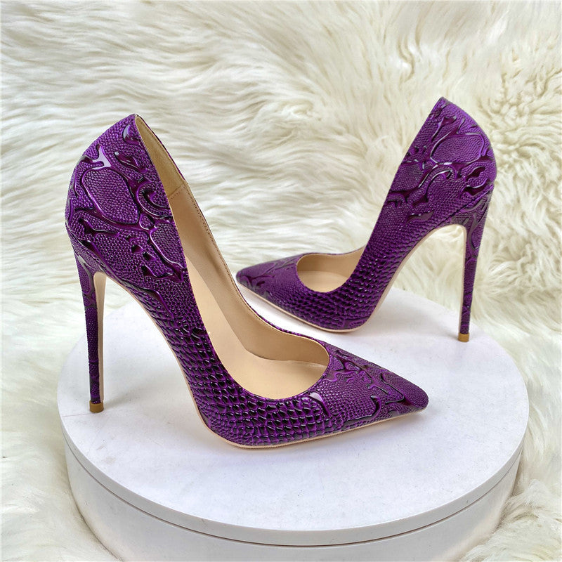 Beautiful purple embossed lace swirl design women's high heels 0 - Tophatter Daily Deals