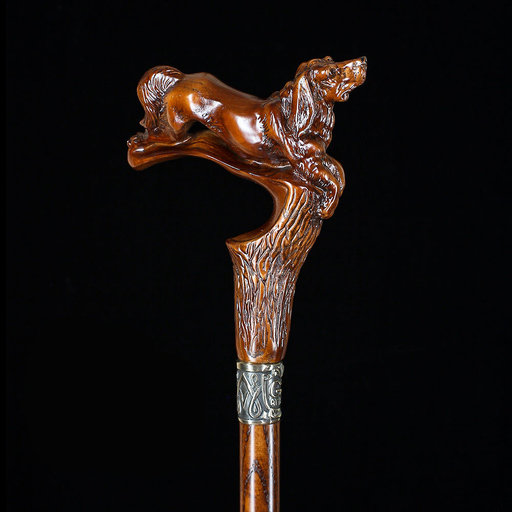 Spaniel Dog: Dark Wood, Bronze Collar Artisan Handcarved Cane Hand Carved Artisan - Tophatter Daily Deals