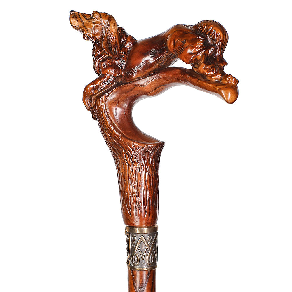 Spaniel Dog: Dark Wood, Bronze Collar Artisan Handcarved Cane Hand Carved Artisan - Tophatter Daily Deals