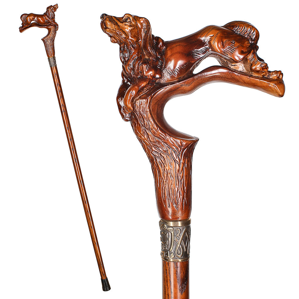 Spaniel Dog: Dark Wood, Bronze Collar Artisan Handcarved Cane Hand Carved Artisan - Tophatter Daily Deals