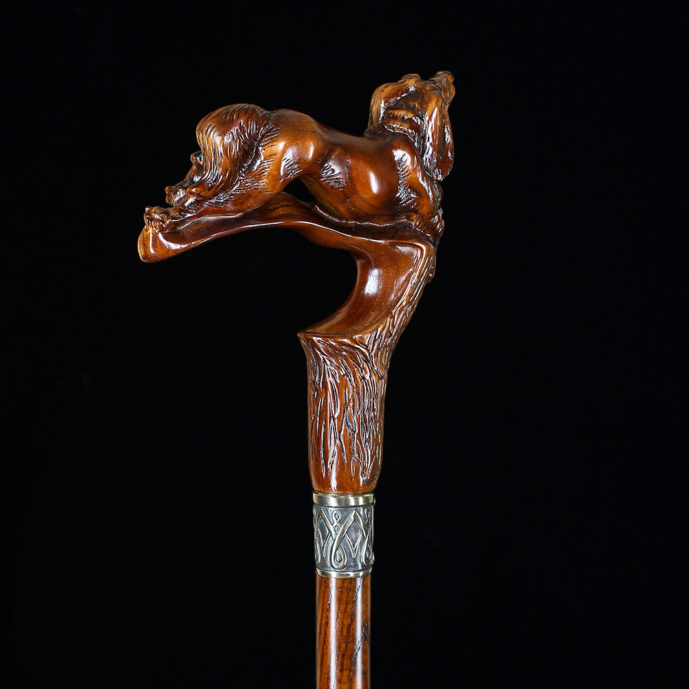 Spaniel Dog: Dark Wood, Bronze Collar Artisan Handcarved Cane Hand Carved Artisan - Tophatter Daily Deals
