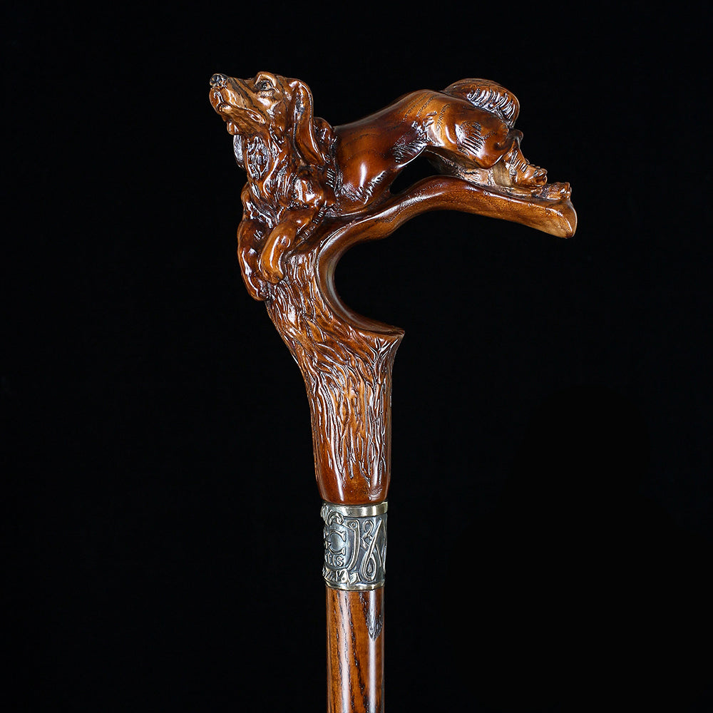 Spaniel Dog: Dark Wood, Bronze Collar Artisan Handcarved Cane Hand Carved Artisan - Tophatter Daily Deals