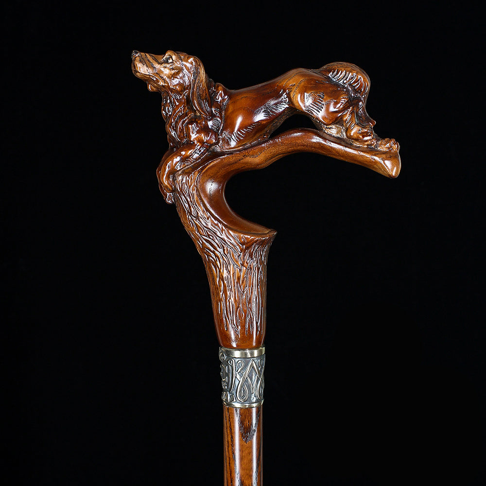 Spaniel Dog: Dark Wood, Bronze Collar Artisan Handcarved Cane Hand Carved Artisan - Tophatter Daily Deals
