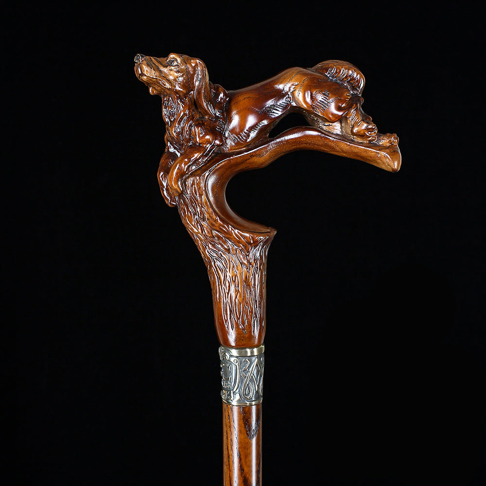 Spaniel Dog: Dark Wood, Bronze Collar Artisan Handcarved Cane Hand Carved Artisan - Tophatter Daily Deals
