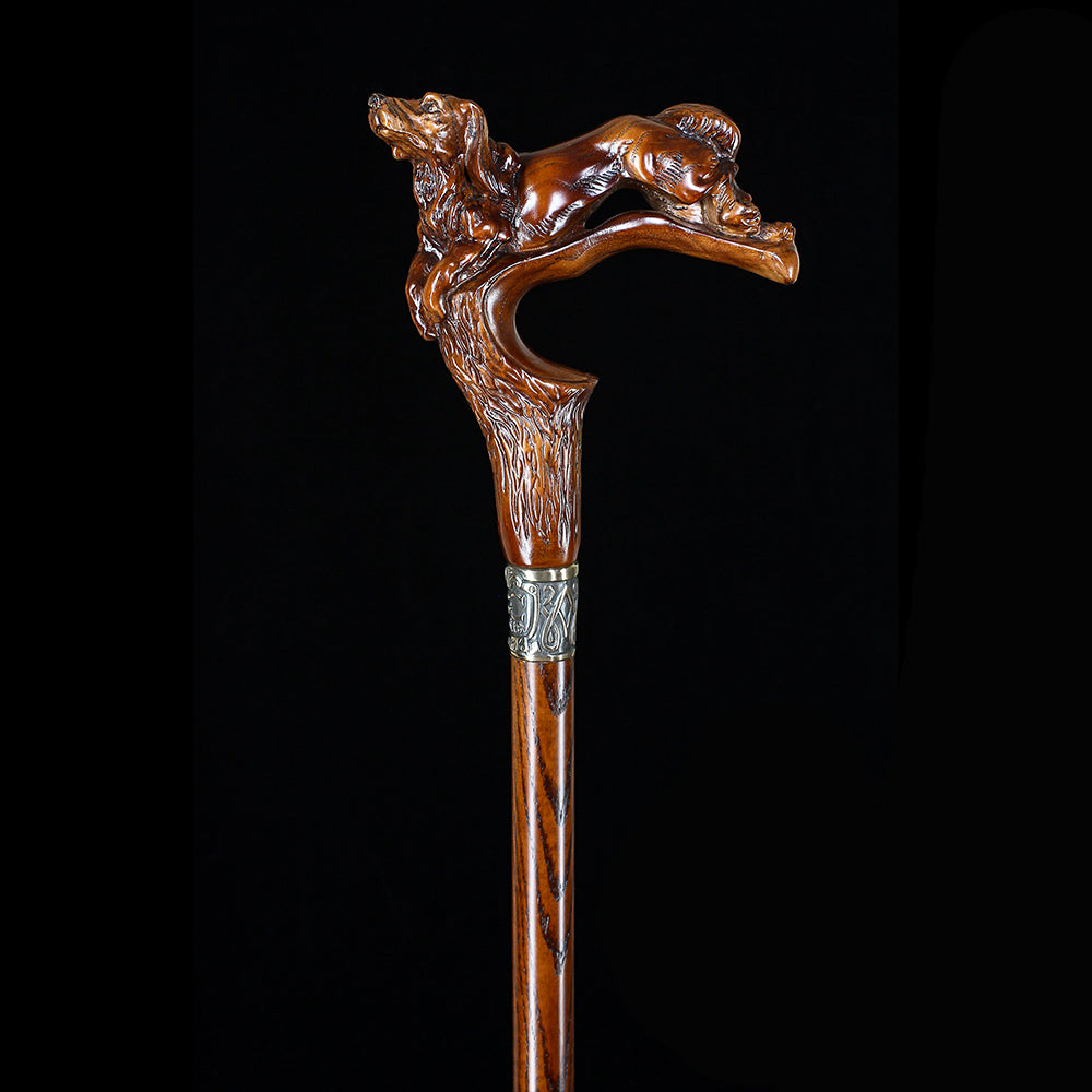 Spaniel Dog: Dark Wood, Bronze Collar Artisan Handcarved Cane Hand Carved Artisan - Tophatter Daily Deals