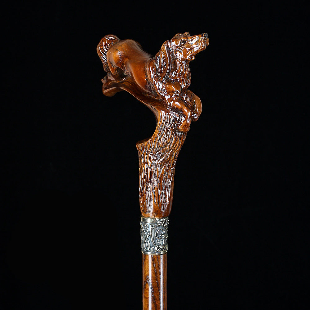 Spaniel Dog: Dark Wood, Bronze Collar Artisan Handcarved Cane Hand Carved Artisan - Tophatter Daily Deals